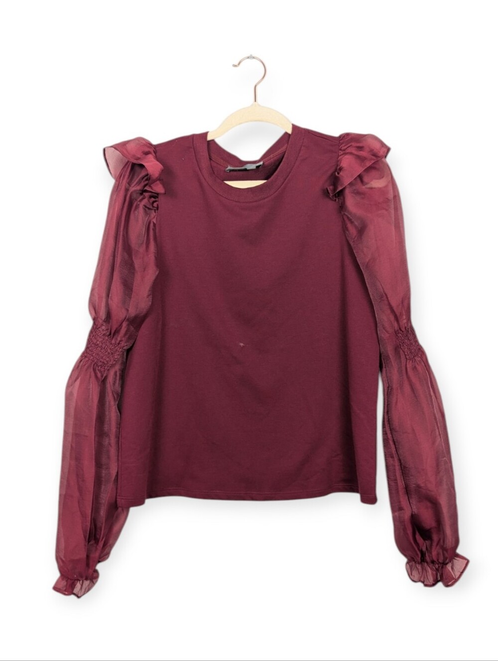 Anthropologie Puff Sleeve Blouse M Wine Red Ruffled Long Sleeve Top